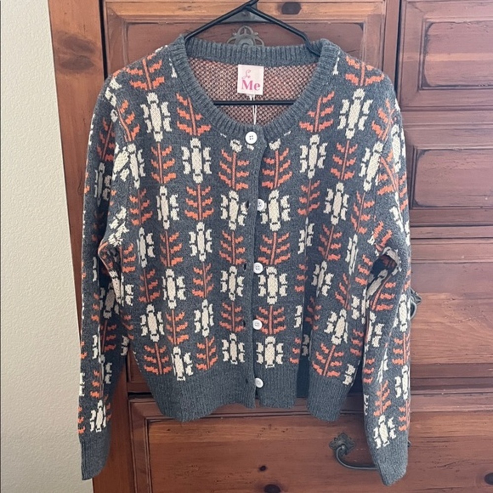 So Me Gray Cardigan with Orange and Cream Pattern NWT Size XL
